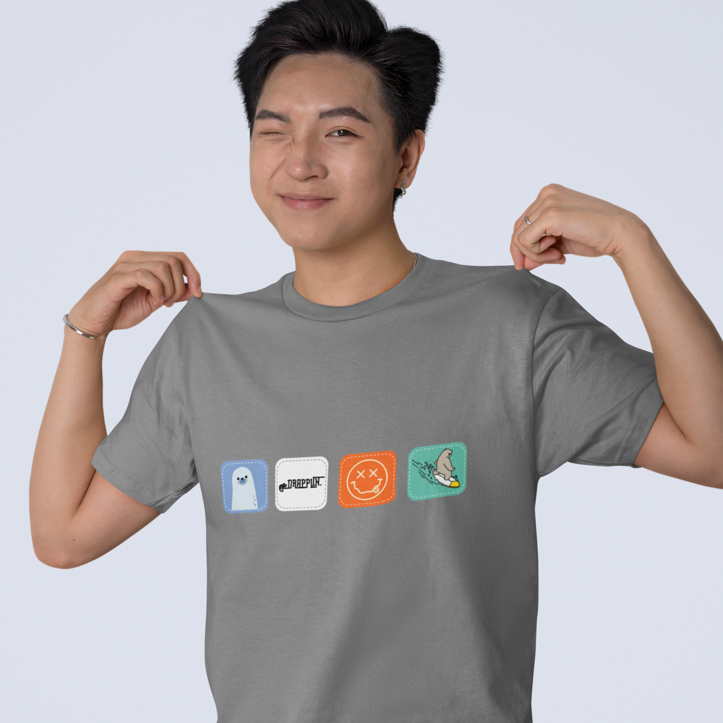Drapplin Boxes Grey Mélange Crew Neck Graphic Printed T-shirt