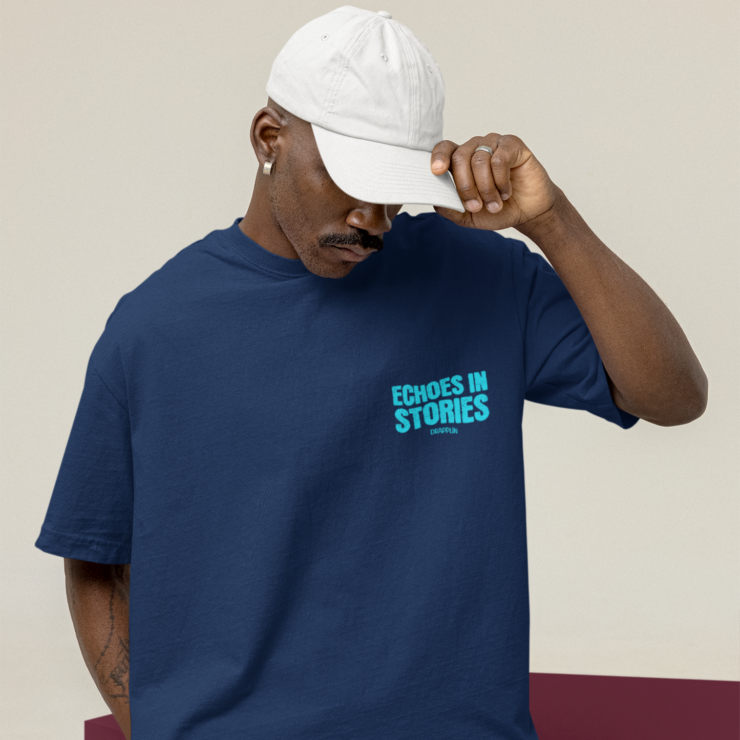 Echoes Premium Navy Blue Oversized Typography Back Printed T-shirt