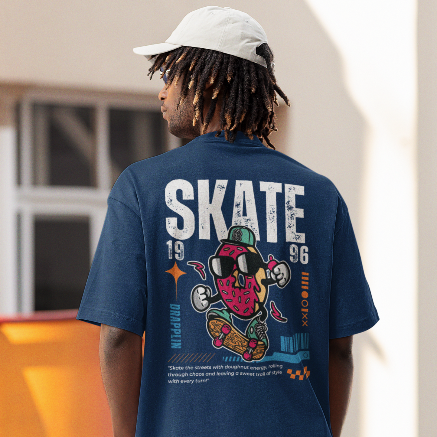 Skate Navy Blue Oversized Typography Back Printed T-shirt