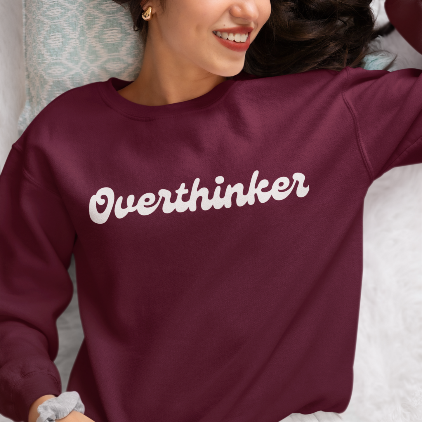Overthinker Maroon Woman Regular Typographic Printed Sweatshirt