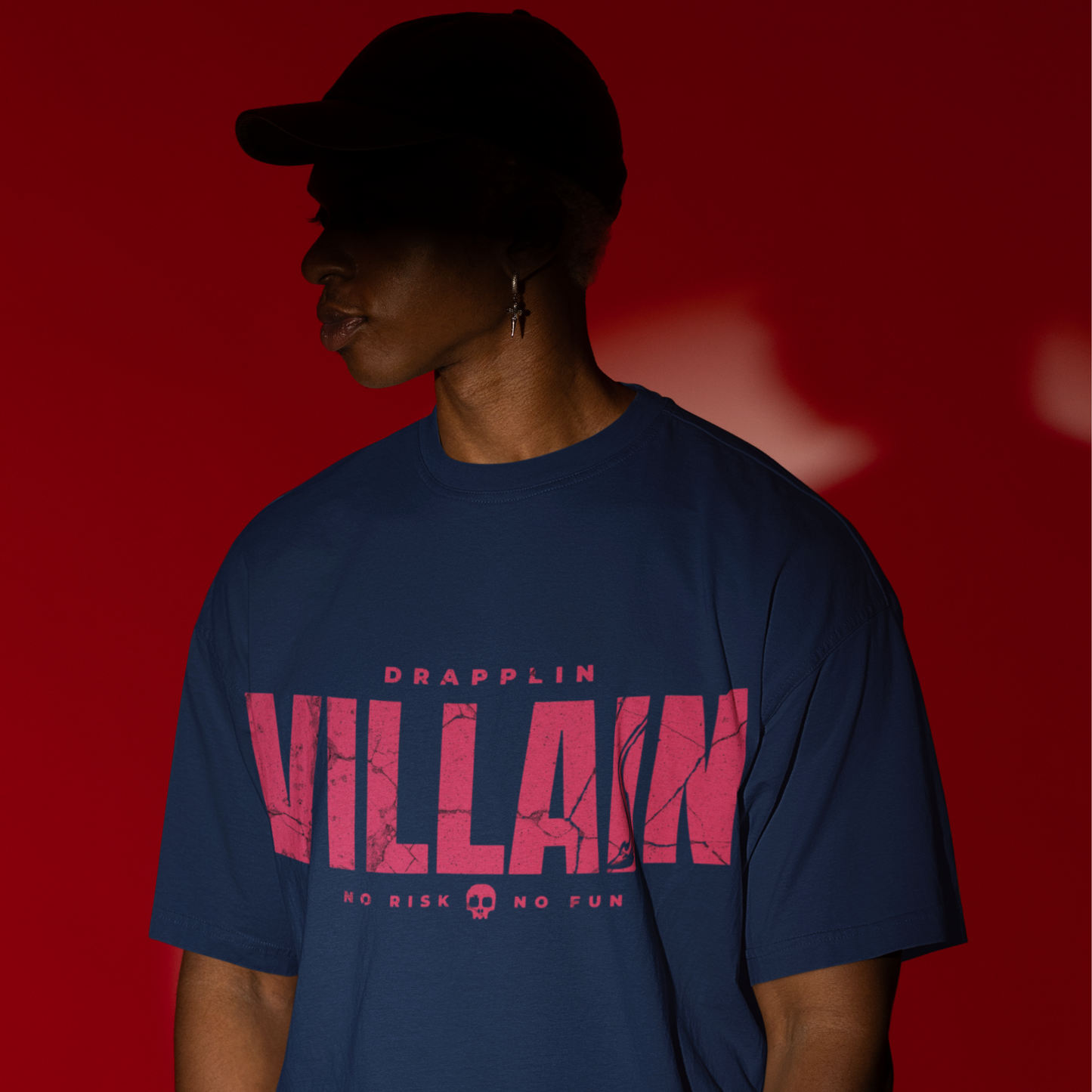Villain Premium Navy Blue Oversized Typography T-shirt