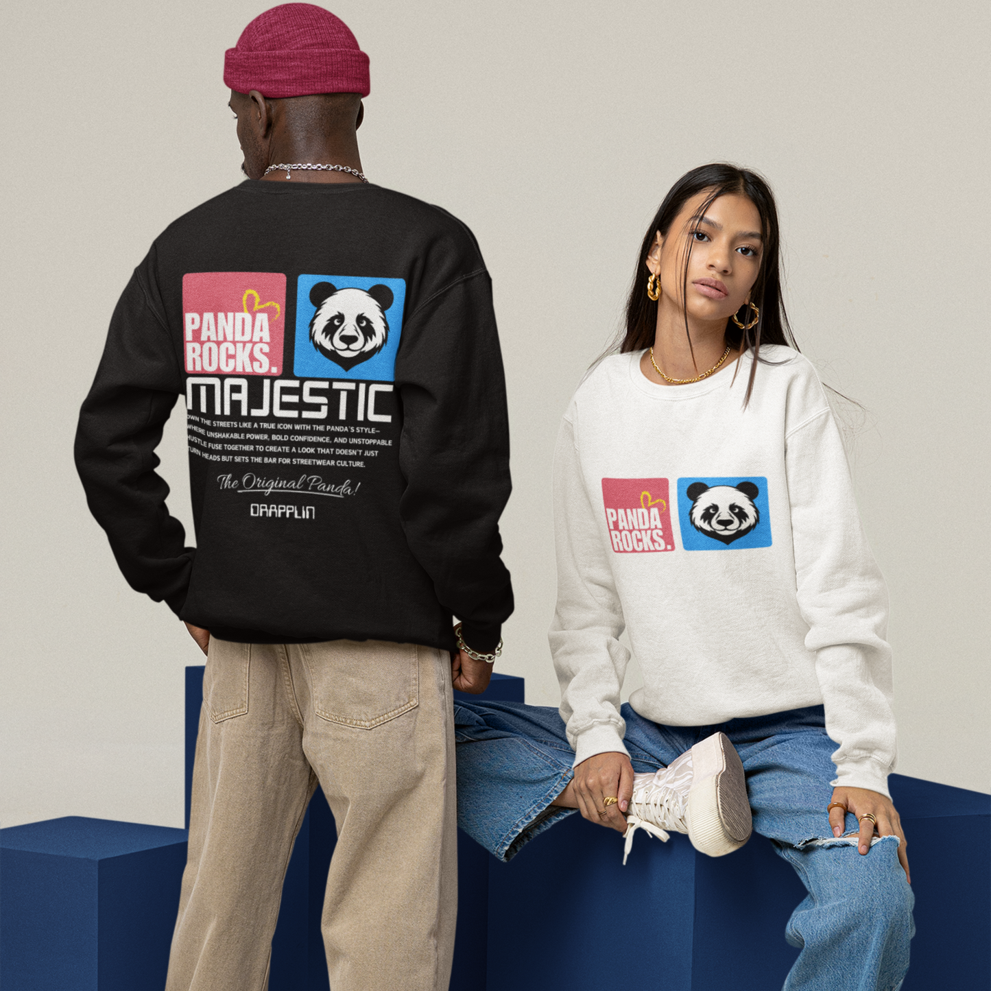 Panda Rocks Black Oversized Back Typographic Printed Sweatshirt