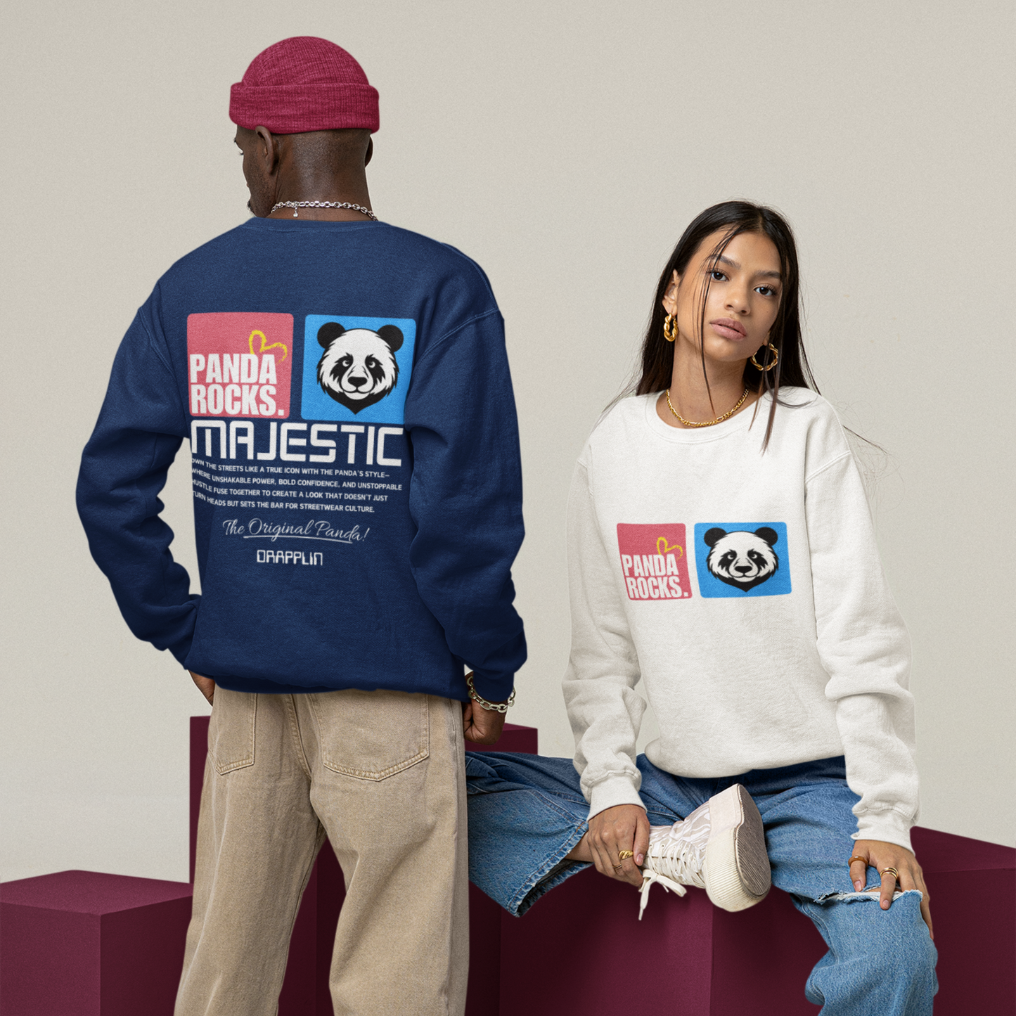 Panda Rocks Navy Blue Oversized Back Typographic Printed Sweatshirt