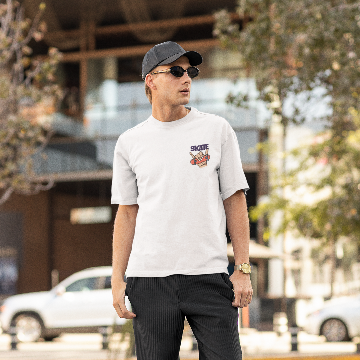 Skate White Oversized Typography Back Printed T-shirt