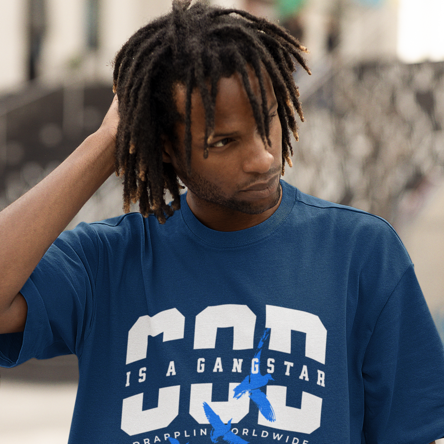 God Gangster Premium Navy Blue Oversized Typography Printed T-shirt