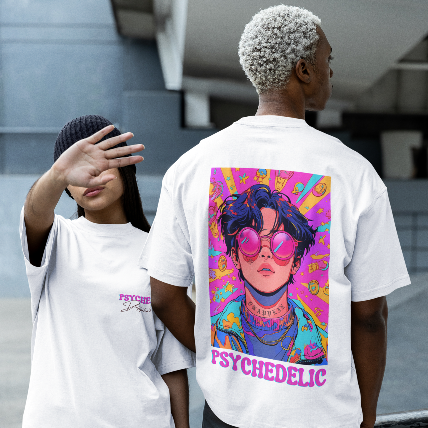 Psychedelic Premium White Oversized Typography Back Printed T-shirt