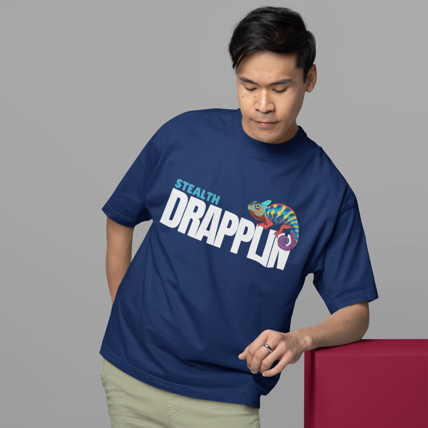 Stealth Premium Navy Blue Oversized Typography Printed T-shirt