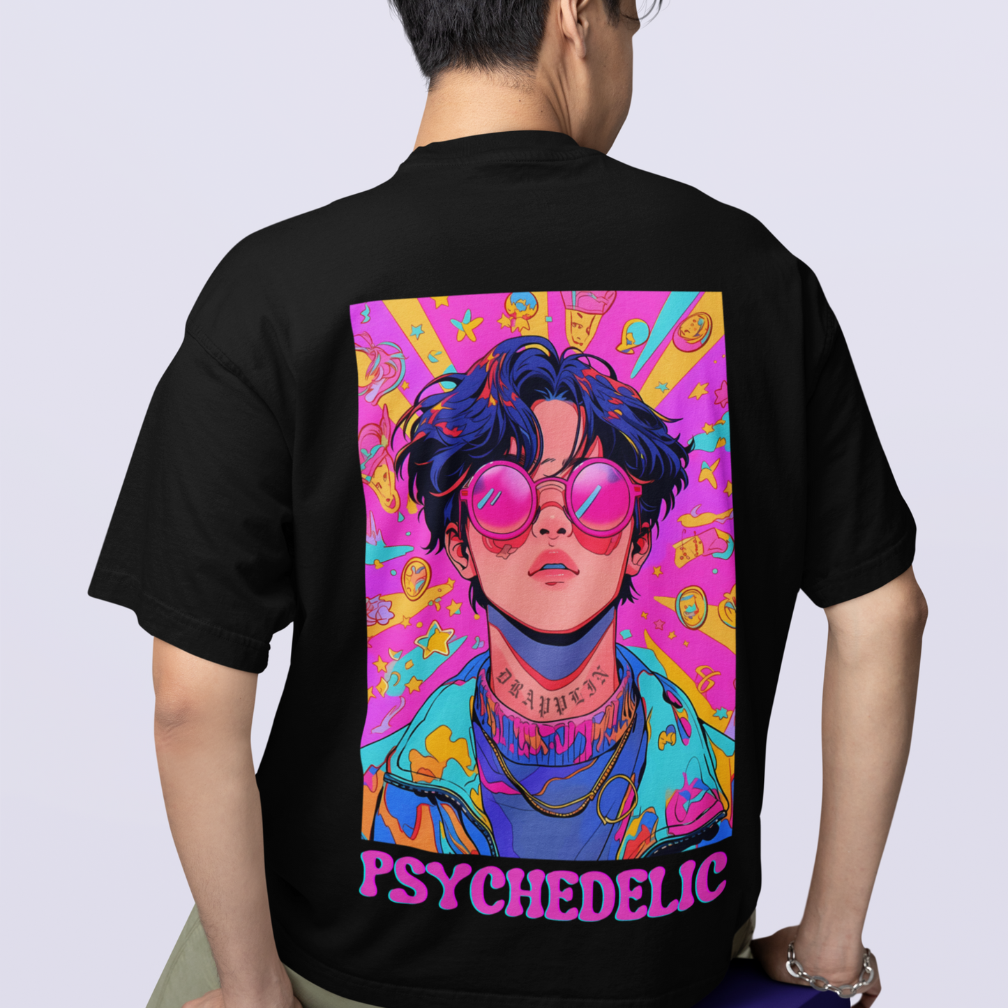 Psychedelic Premium Black Oversized Typography Back Printed T-shirt