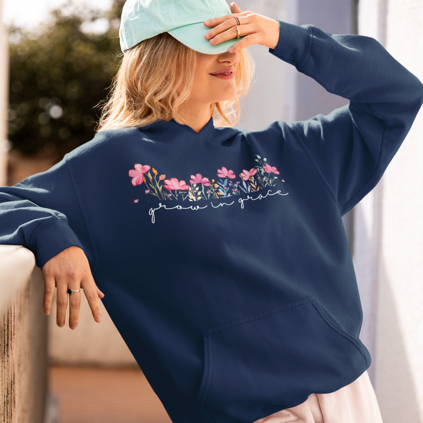 Grow Navy Blue Woman Regular Typographic Printed Hoodie