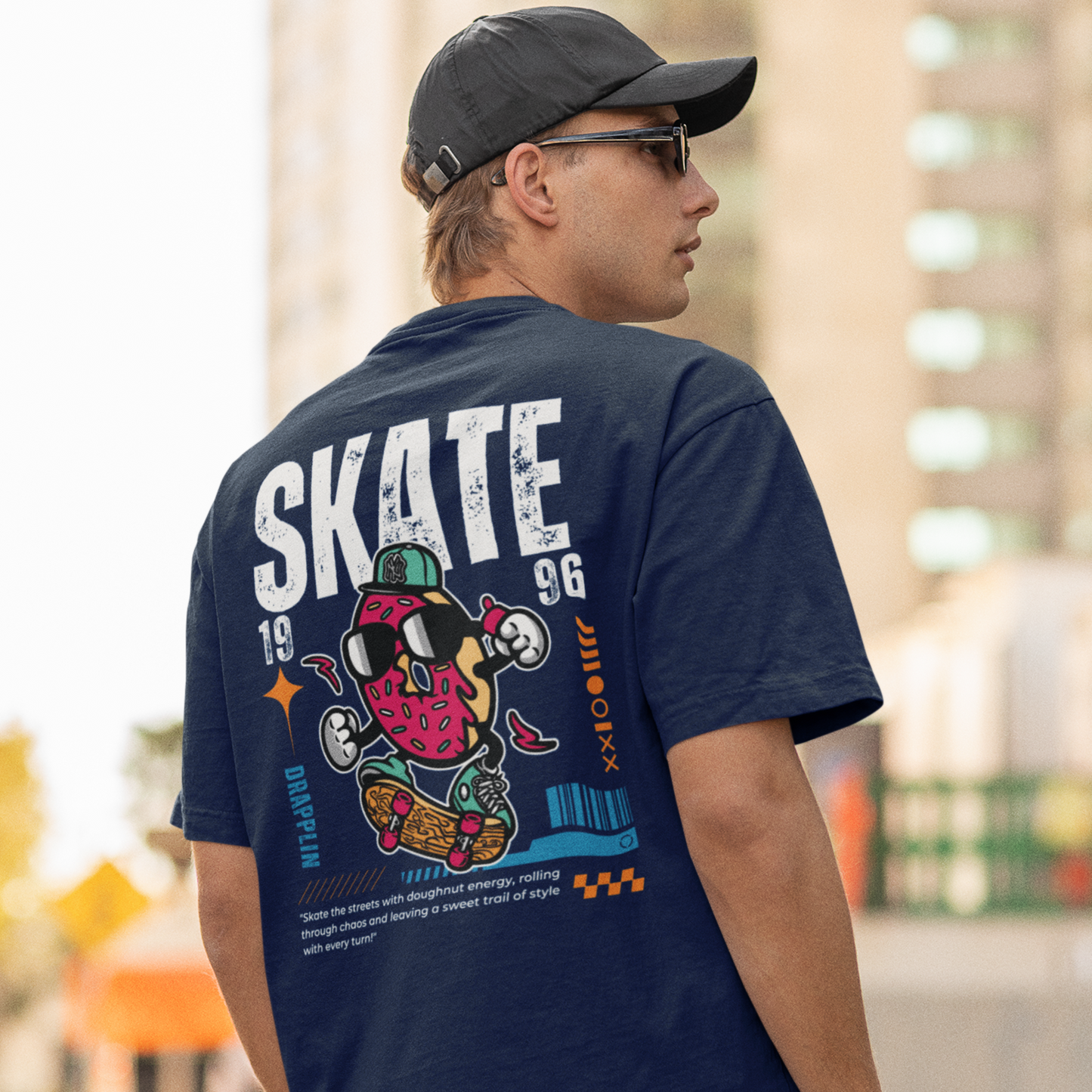 Skate Navy Blue Oversized Typography Back Printed T-shirt
