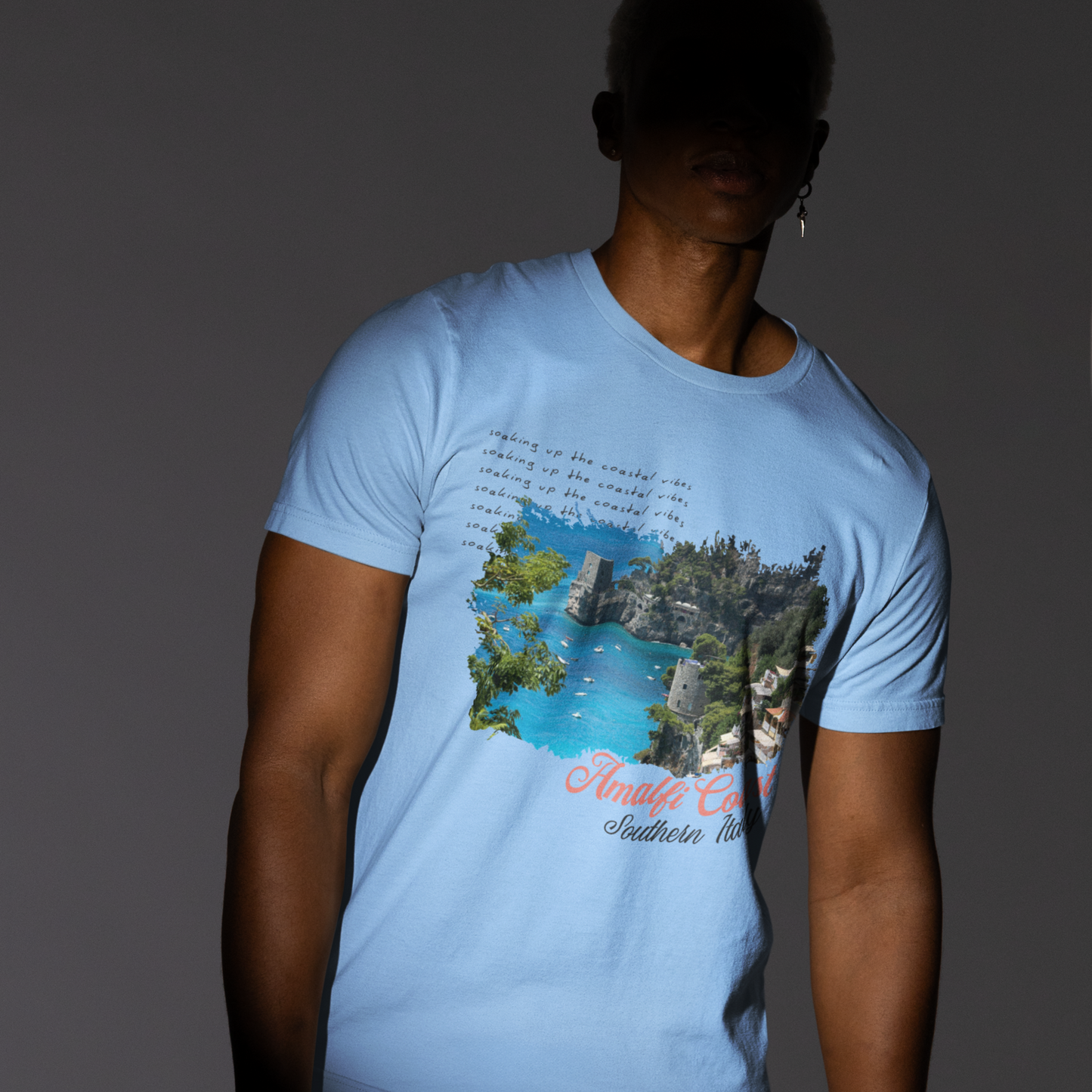 Amalfi Coast Baby Blue Crew Neck Graphic Printed T-shirt