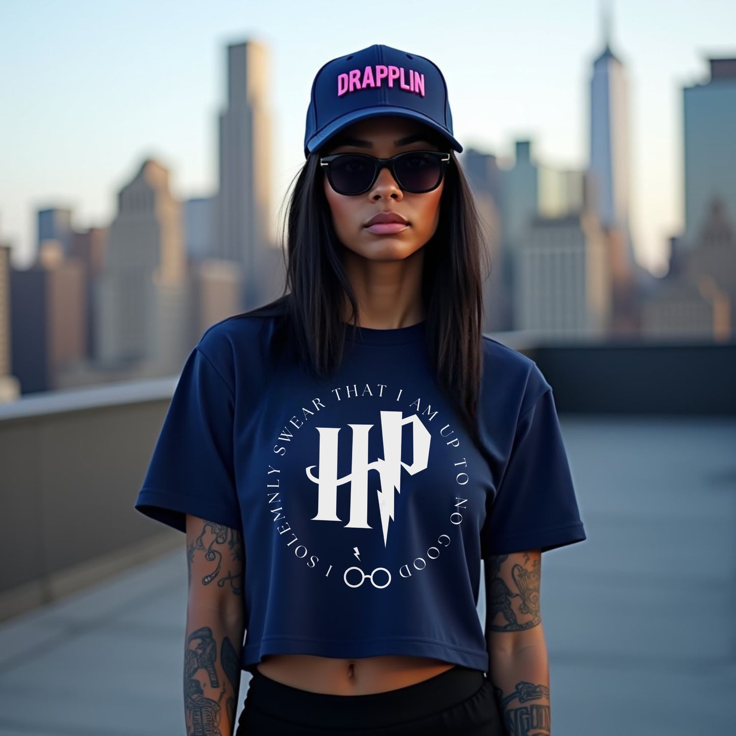 Women's Harry Potter Navy Blue Graphic Printed Crop Top T-shirt