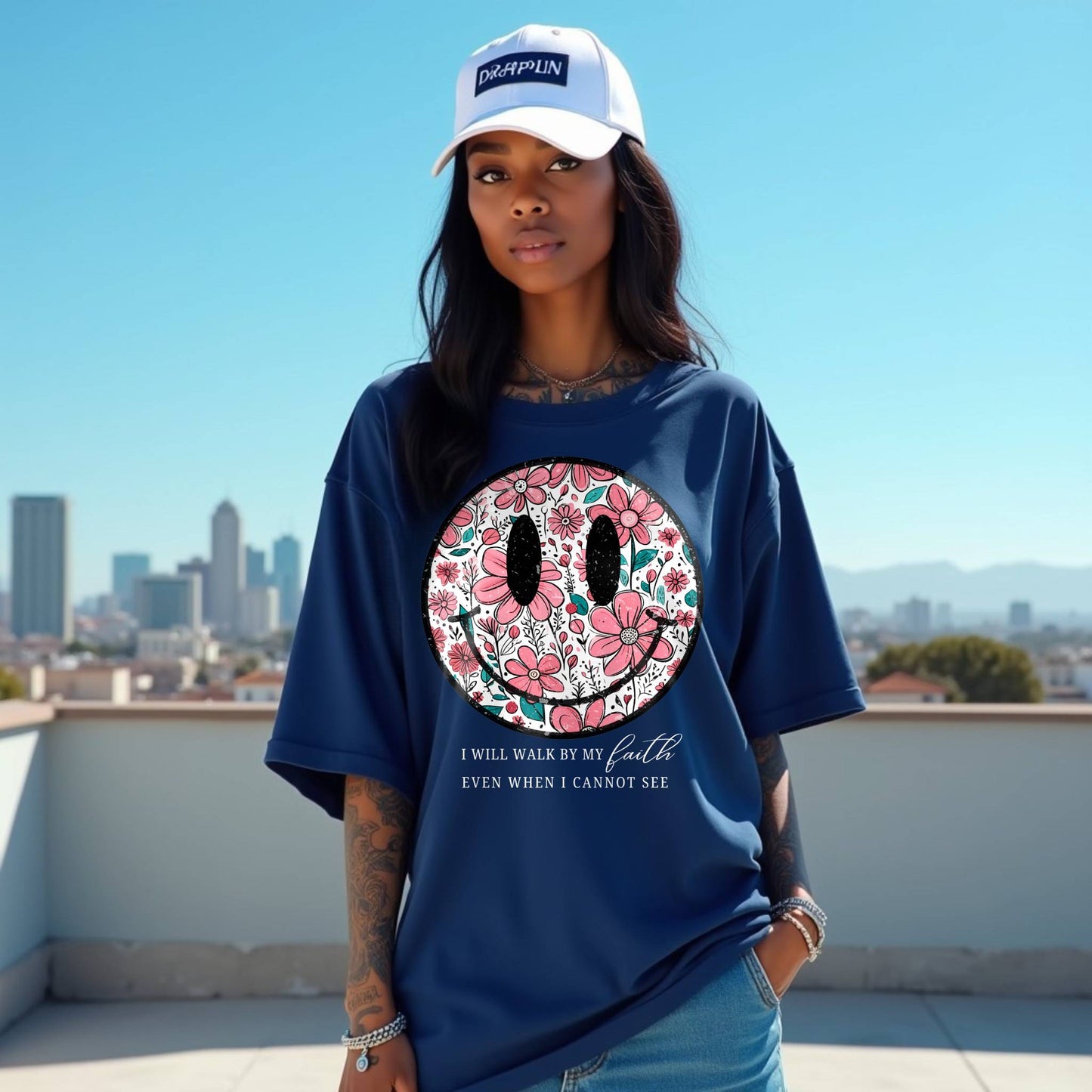 Smiley Premium Navy Blue Woman Oversized Printed T-shirt
