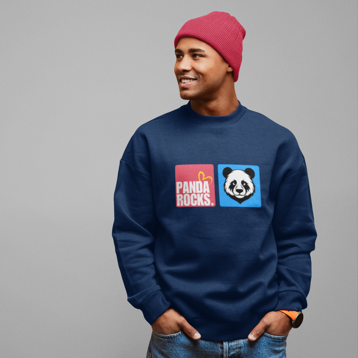 Panda Rocks Navy Blue Oversized Back Typographic Printed Sweatshirt