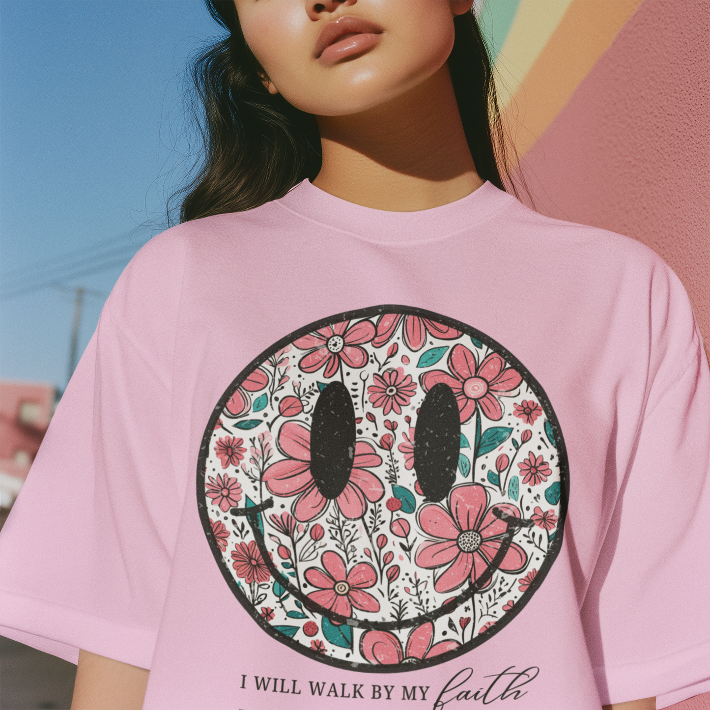 Smiley Premium Baby Pink Woman Oversized Printed T-shirt