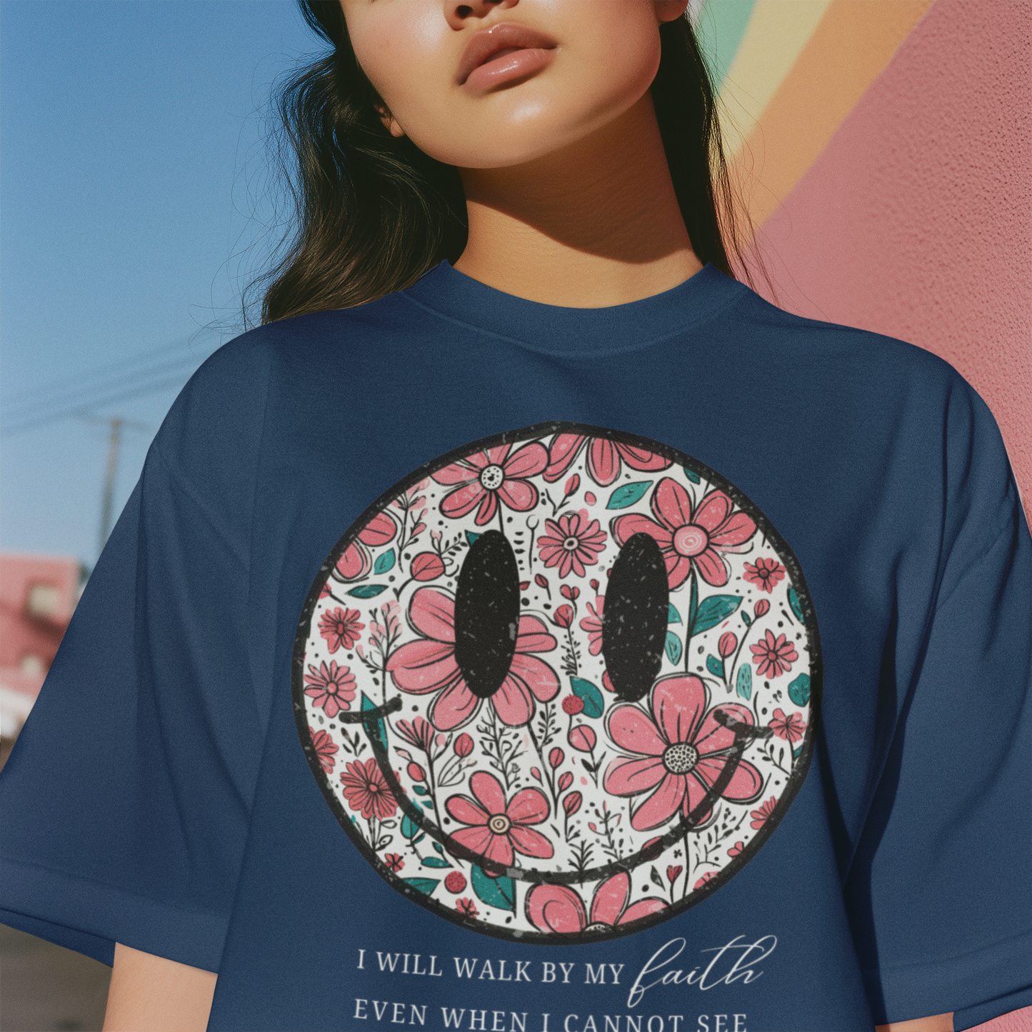Smiley Premium Navy Blue Woman Oversized Printed T-shirt