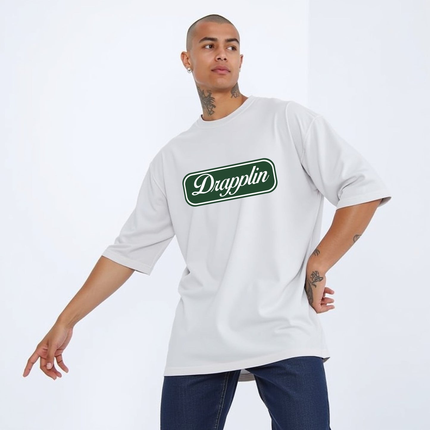 Drapplin Unisex White Premium Oversized Printed T-shirt