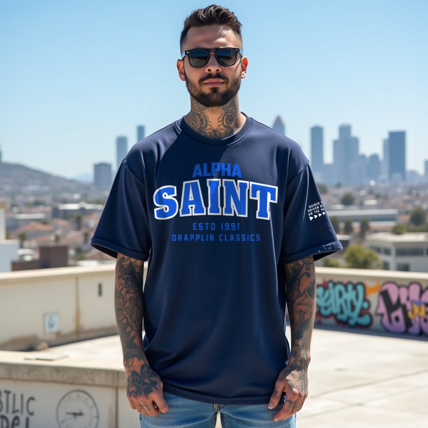 Saint Unisex Navy Blue Premium Oversized Typographic Printed T-shirt