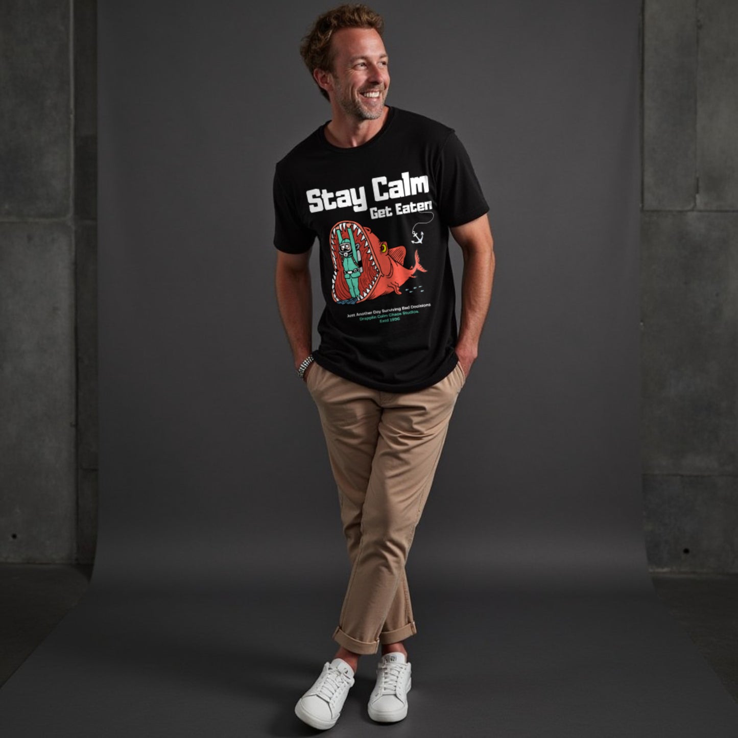 Stay Calm Regular Black Crew Neck Printed T-shirt