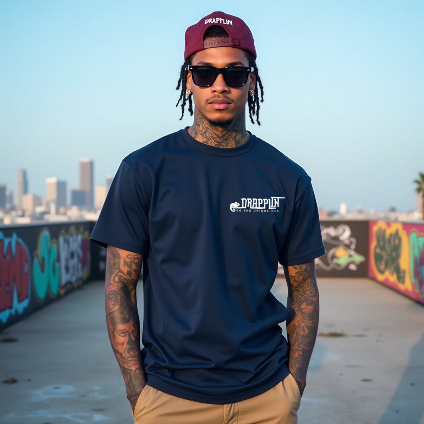 Drapplin Logo Navy Blue Crew Neck Embroidered T-shirt
