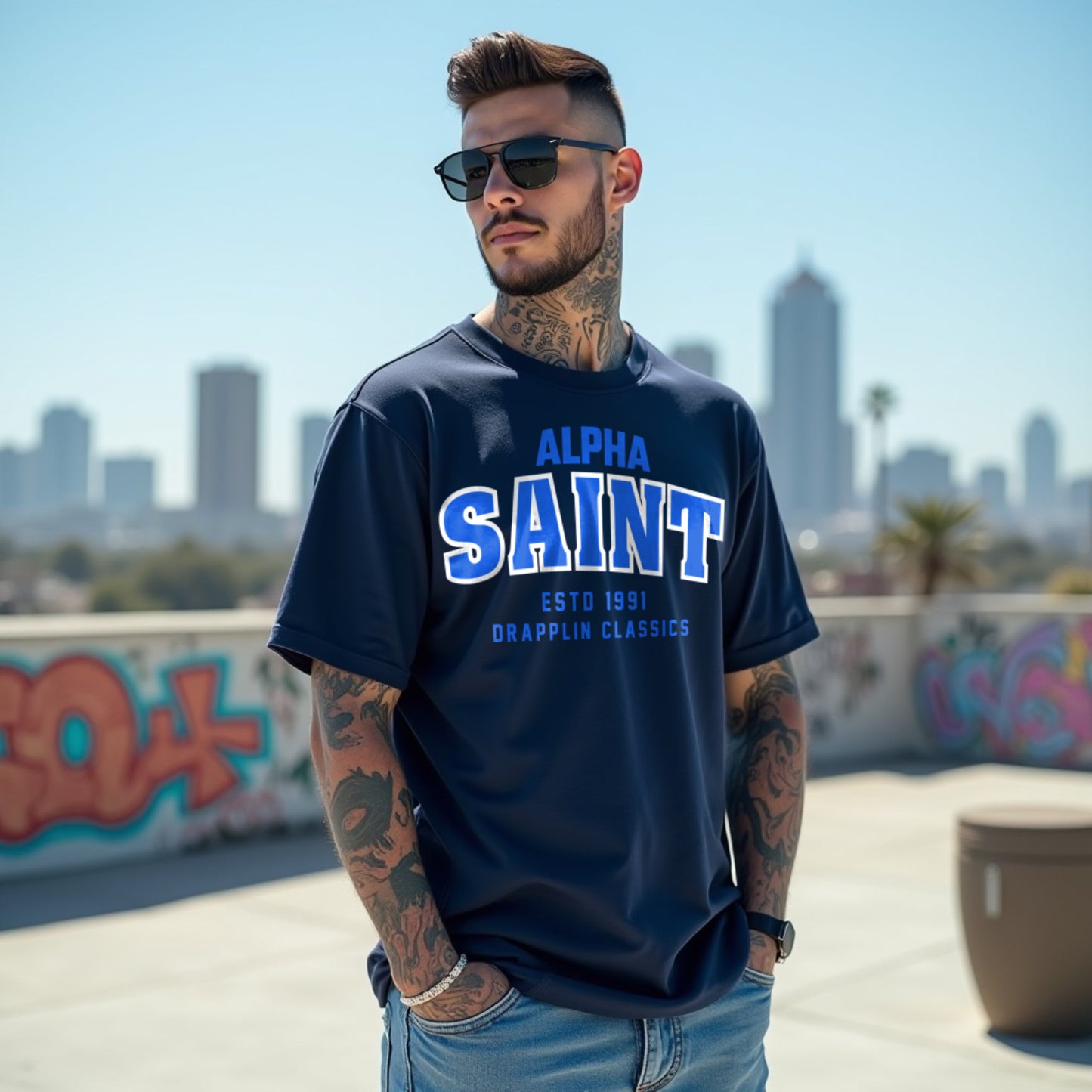 Saint Unisex Navy Blue Premium Oversized Typographic Printed T-shirt
