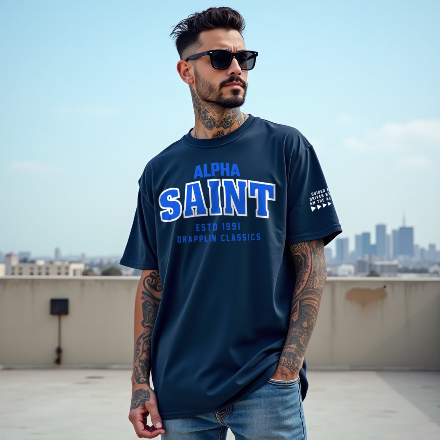 Saint Unisex Navy Blue Premium Oversized Typographic Printed T-shirt