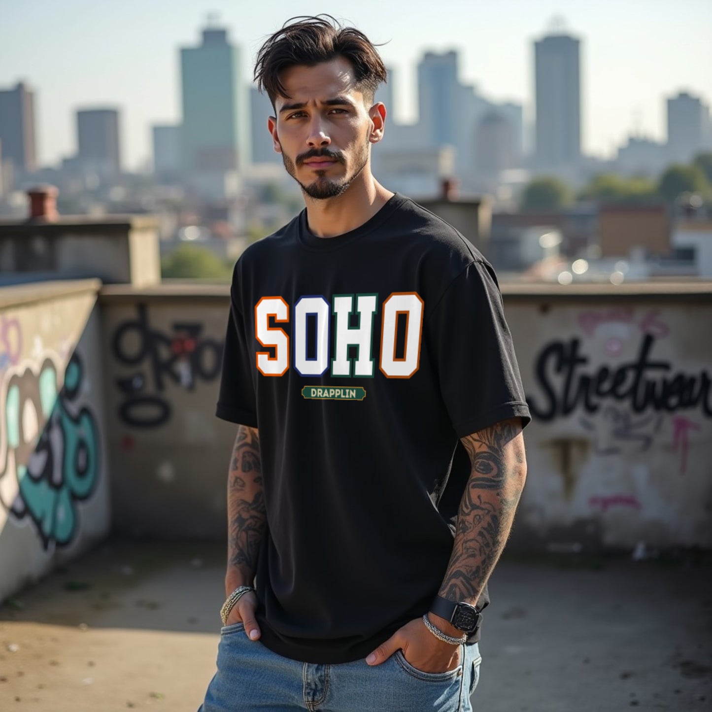 Soho Unisex Black Premium Oversized Typographic Printed T-shirt