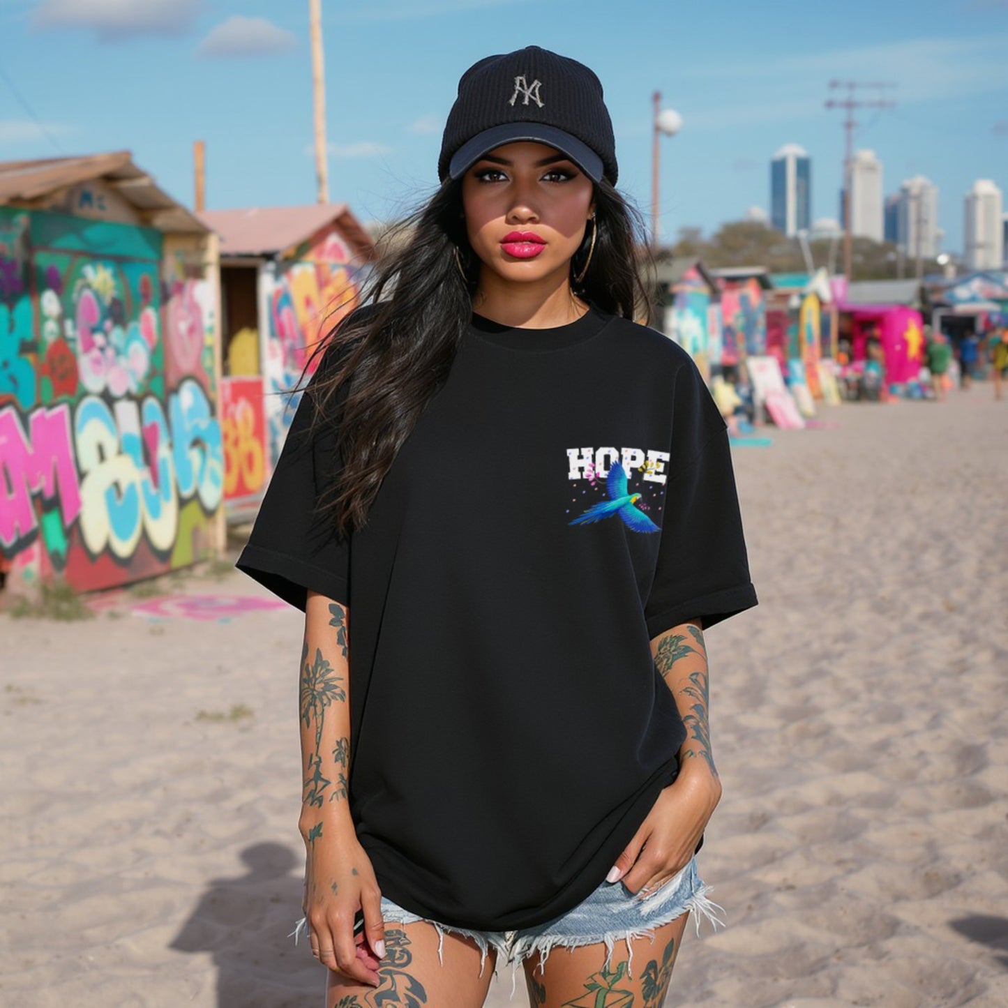 Hope Premium Black Oversized Off shoulder Printed T-shirt