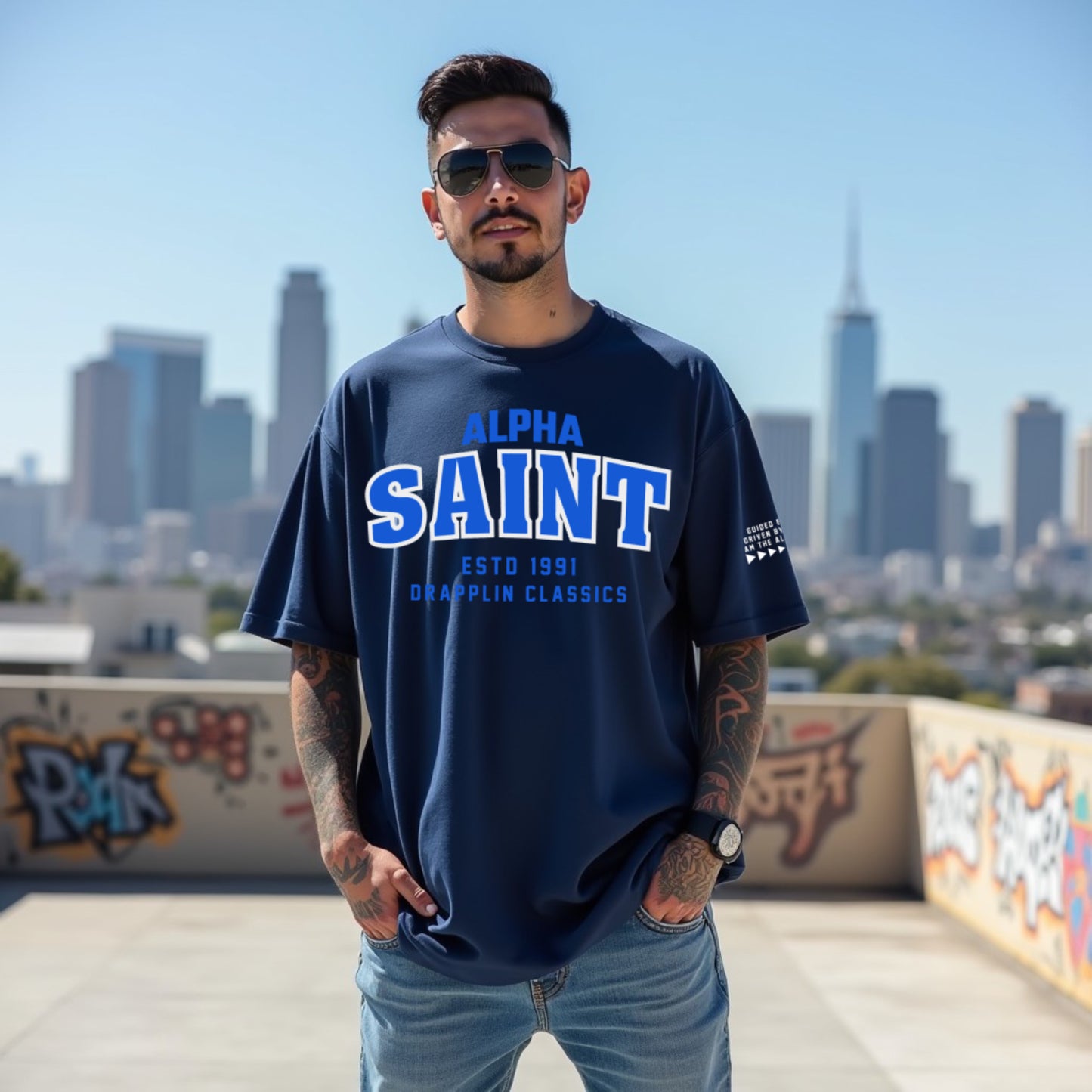 Saint Unisex Navy Blue Premium Oversized Typographic Printed T-shirt