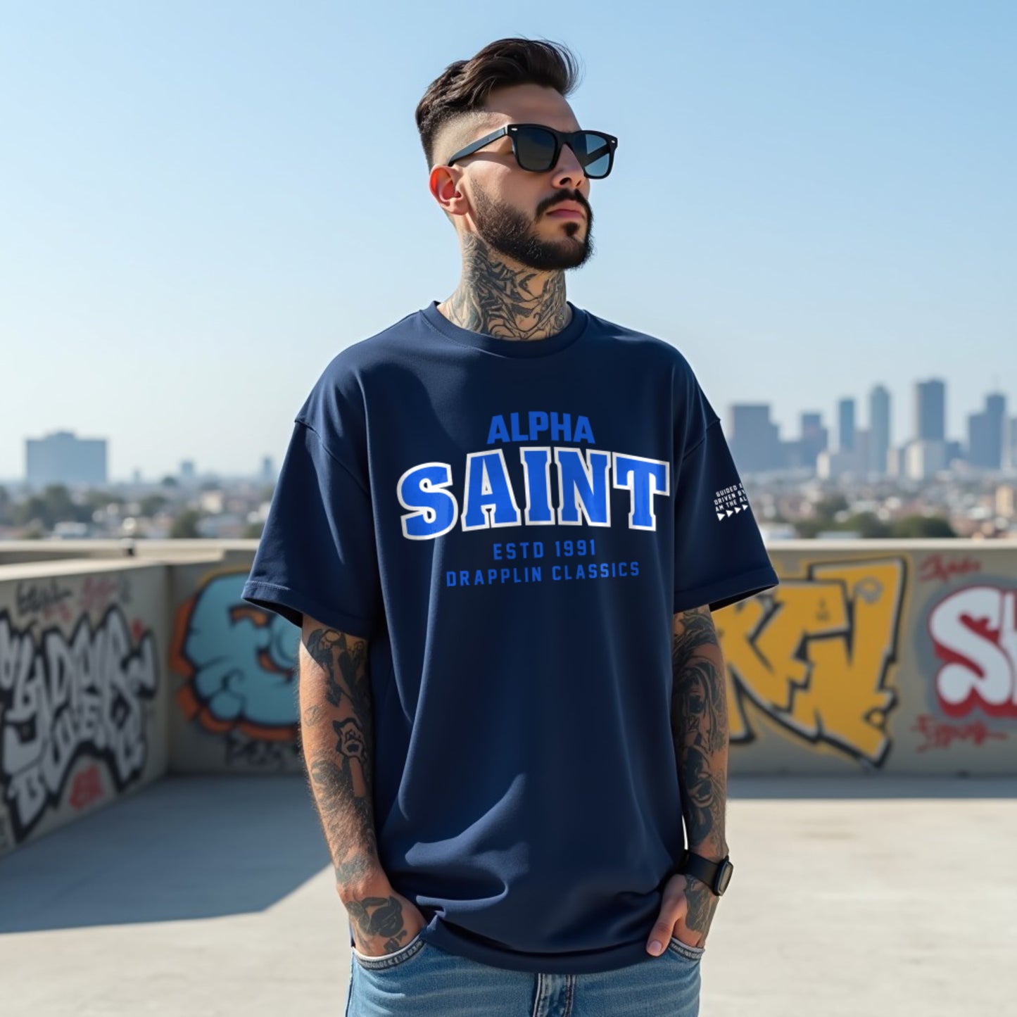 Saint Unisex Navy Blue Premium Oversized Typographic Printed T-shirt