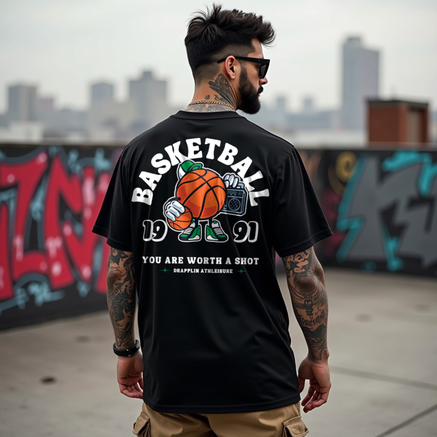Basketball Premium Black Oversized Typography Back Printed T-shirt