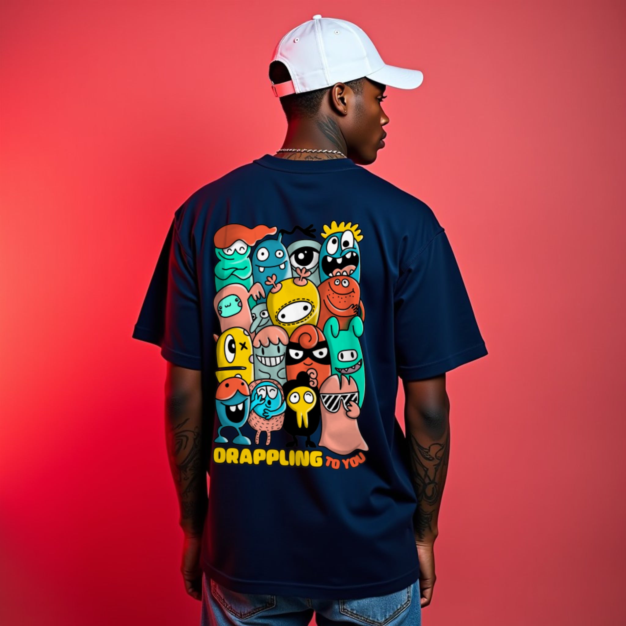 Drapplin To You Premium Navy Blue Oversized Typography Back Printed T-shirt