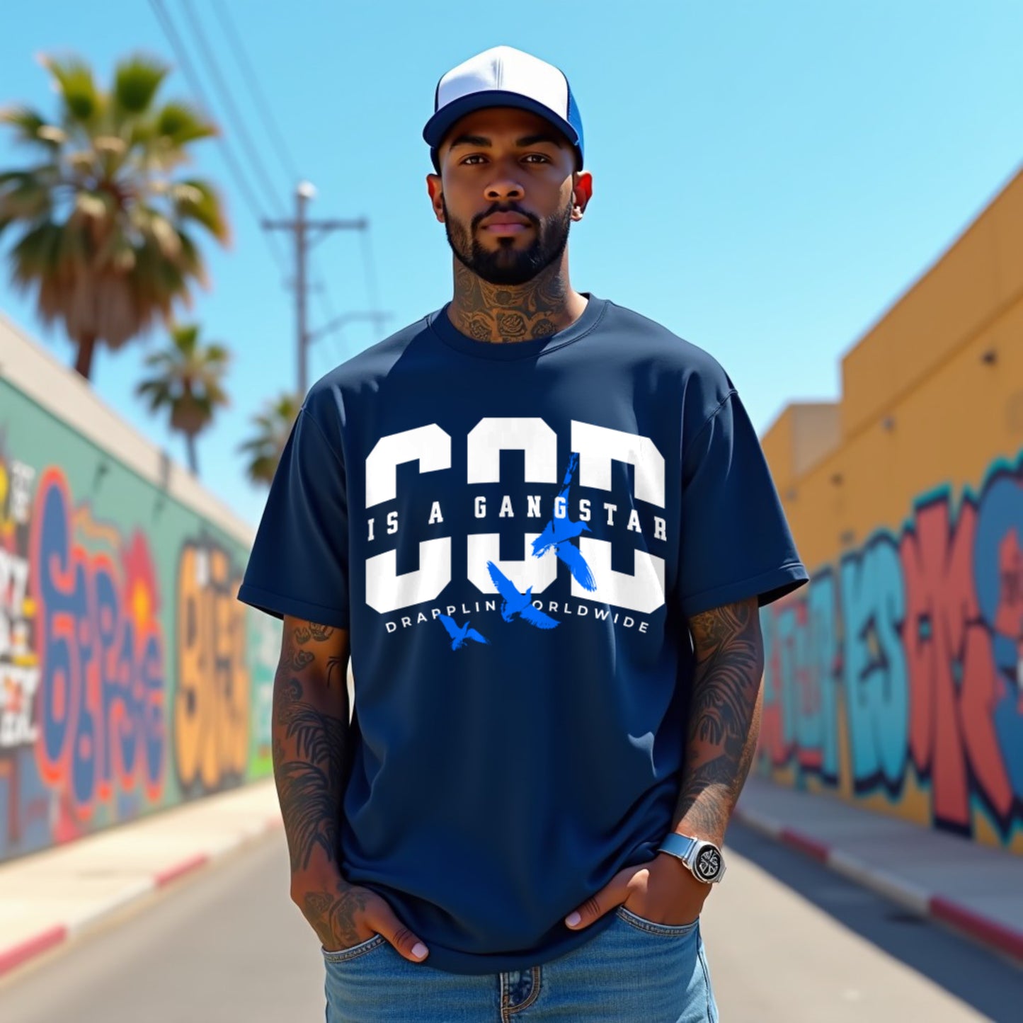 God Gangster Premium Navy Blue Oversized Typography Printed T-shirt
