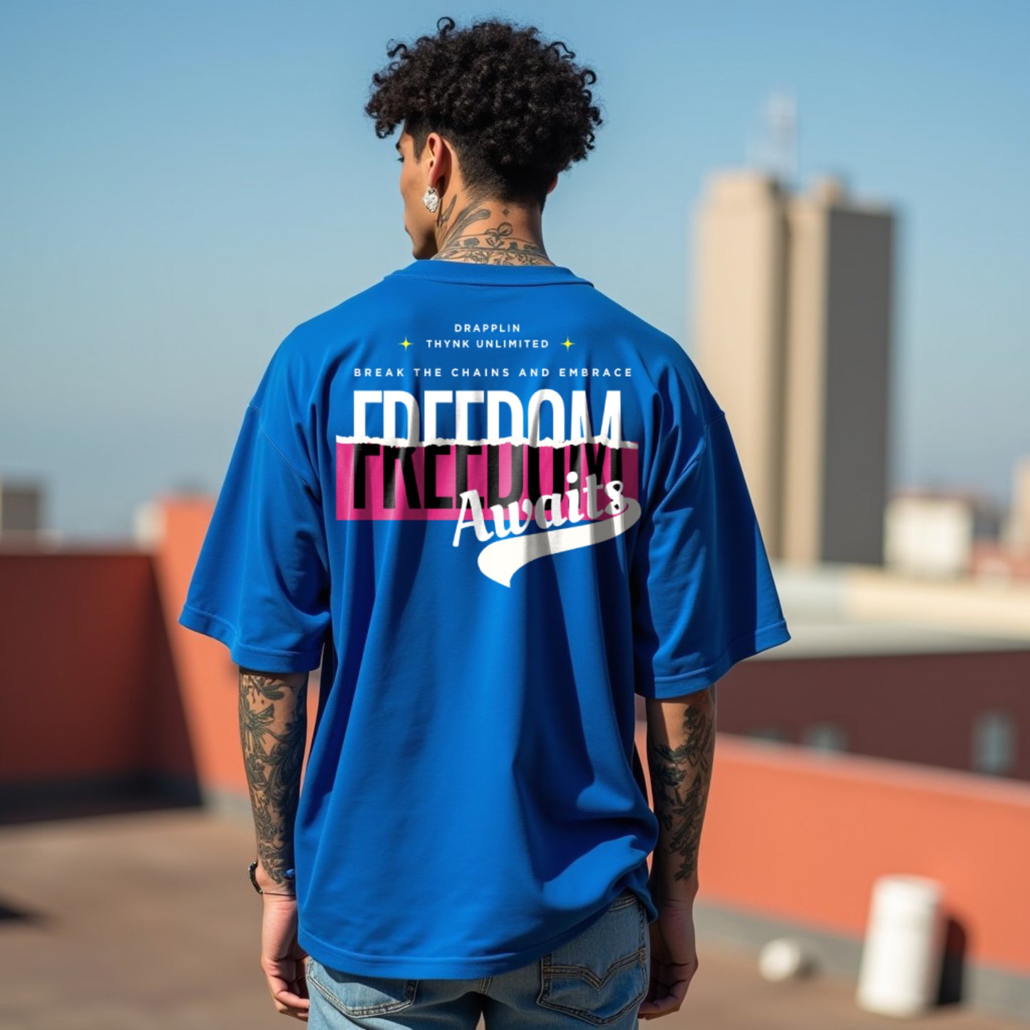 Freedom Awaits Premium Royal Blue Oversized Typography Back Printed T-shirt