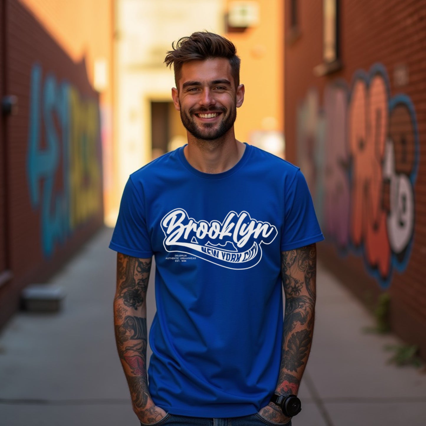 Brooklyn Royal Blue Typographic Crew Neck Graphic Printed T-shirt