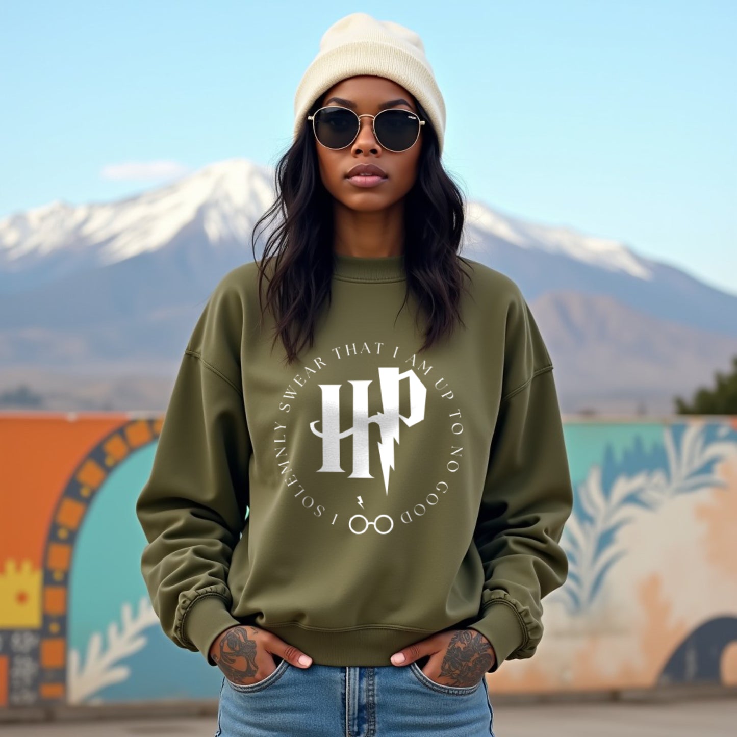 Harry Potter Olive Green Woman Regular Typographic Printed Sweatshirt