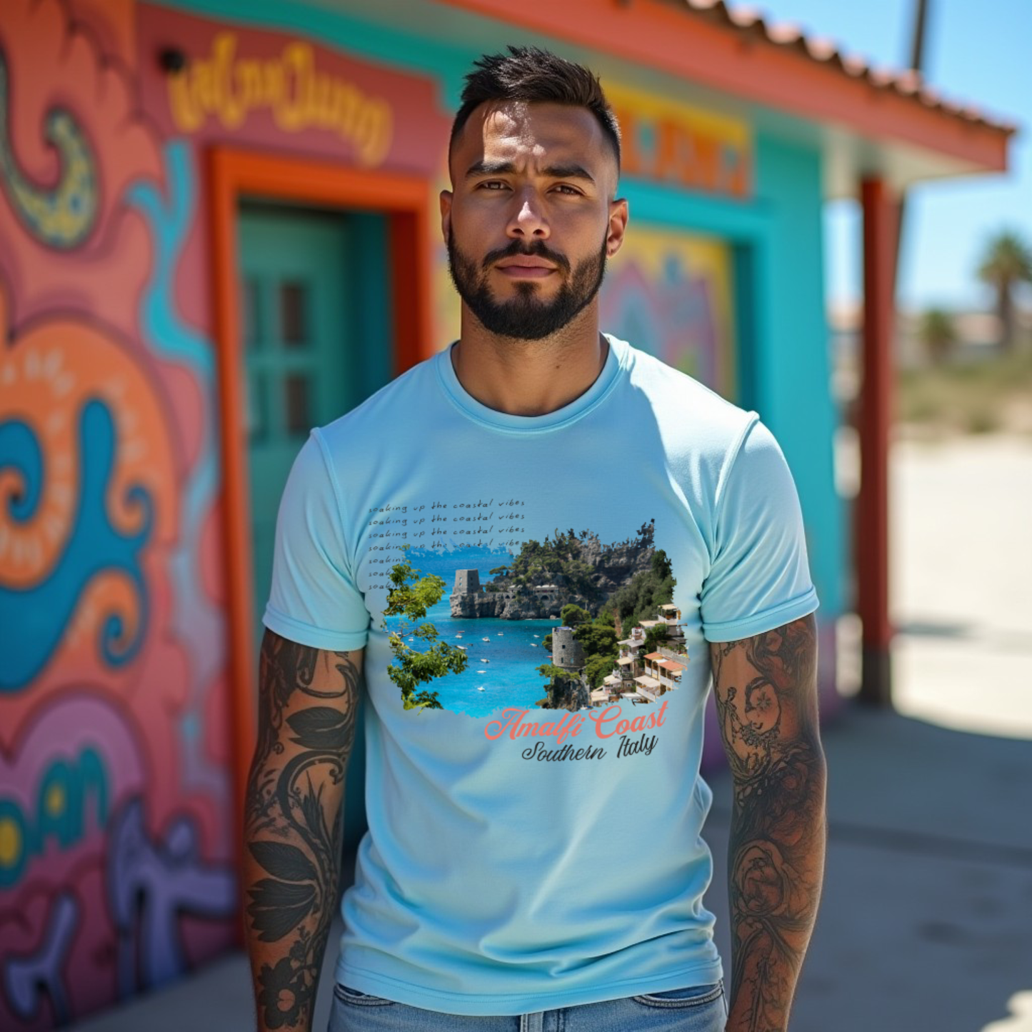 Amalfi Coast Baby Blue Crew Neck Graphic Printed T-shirt