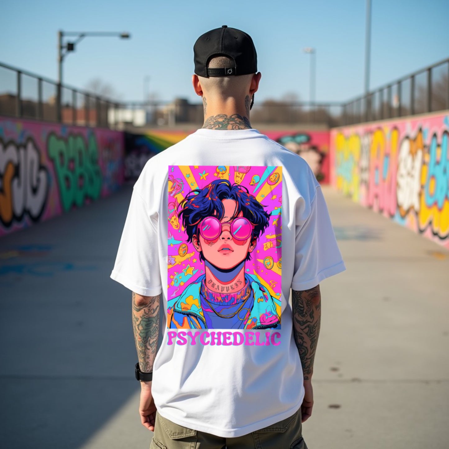 Psychedelic Premium White Oversized Typography Back Printed T-shirt