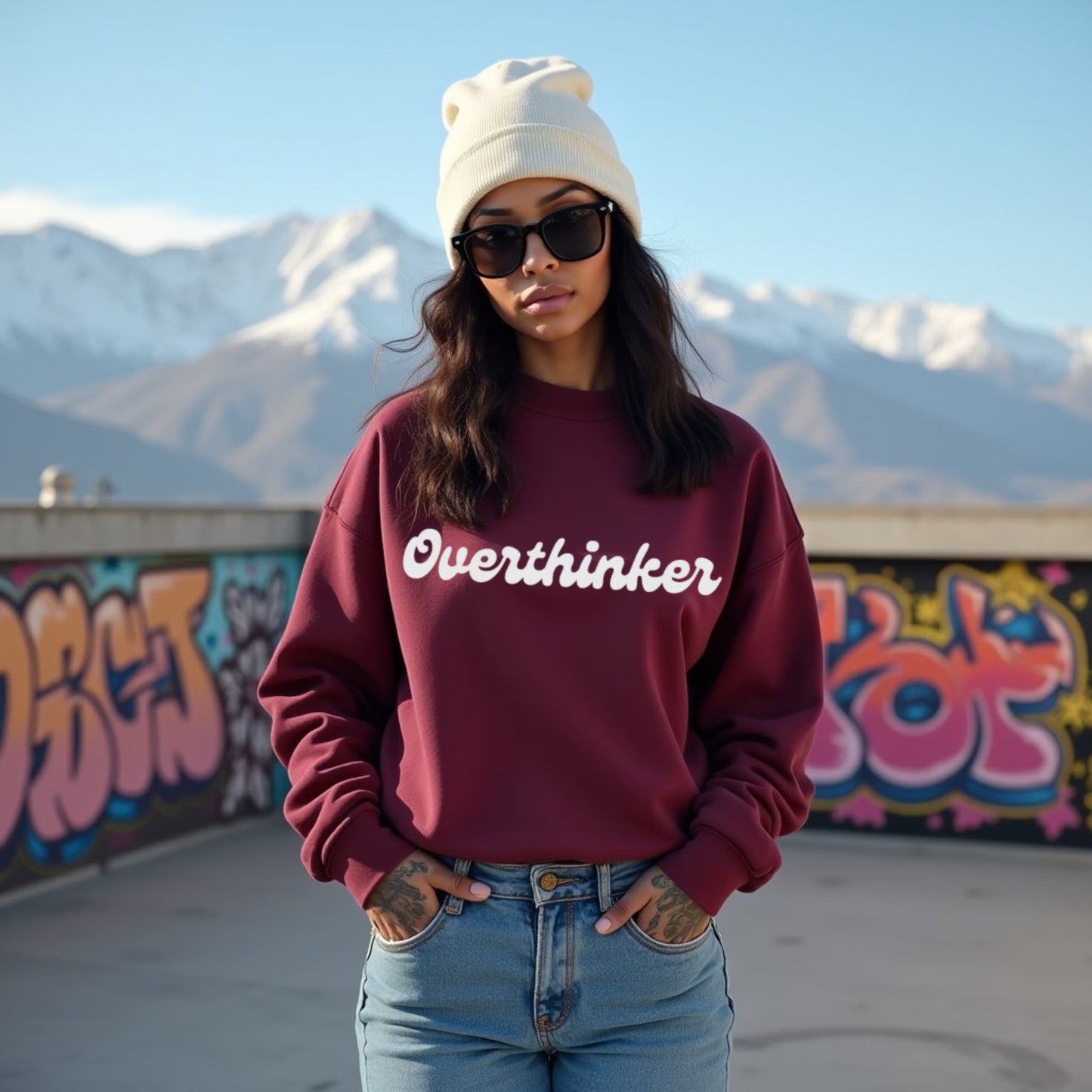 Overthinker Maroon Woman Regular Typographic Printed Sweatshirt