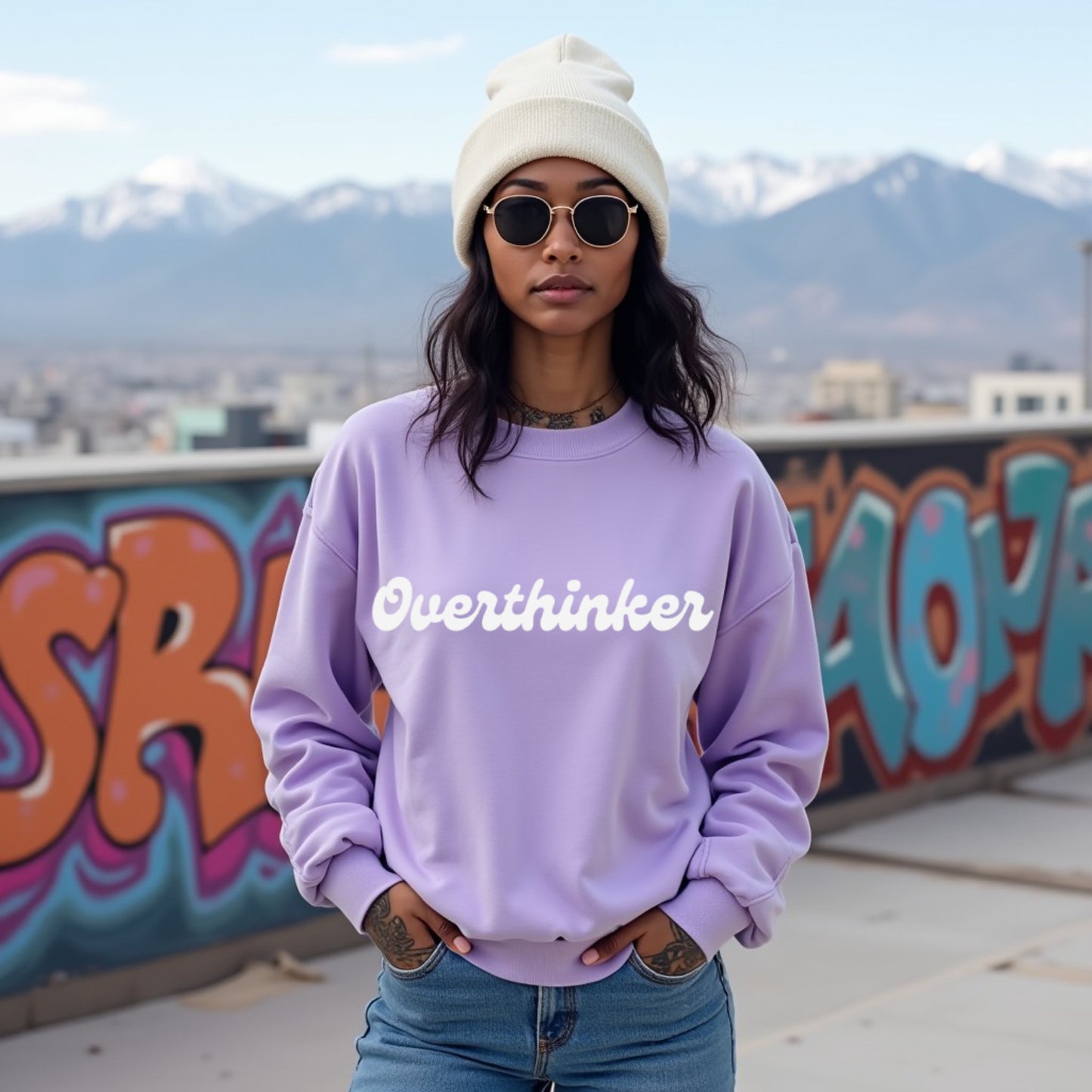 Overthinker Lavender Woman Regular Typographic Printed Sweatshirt