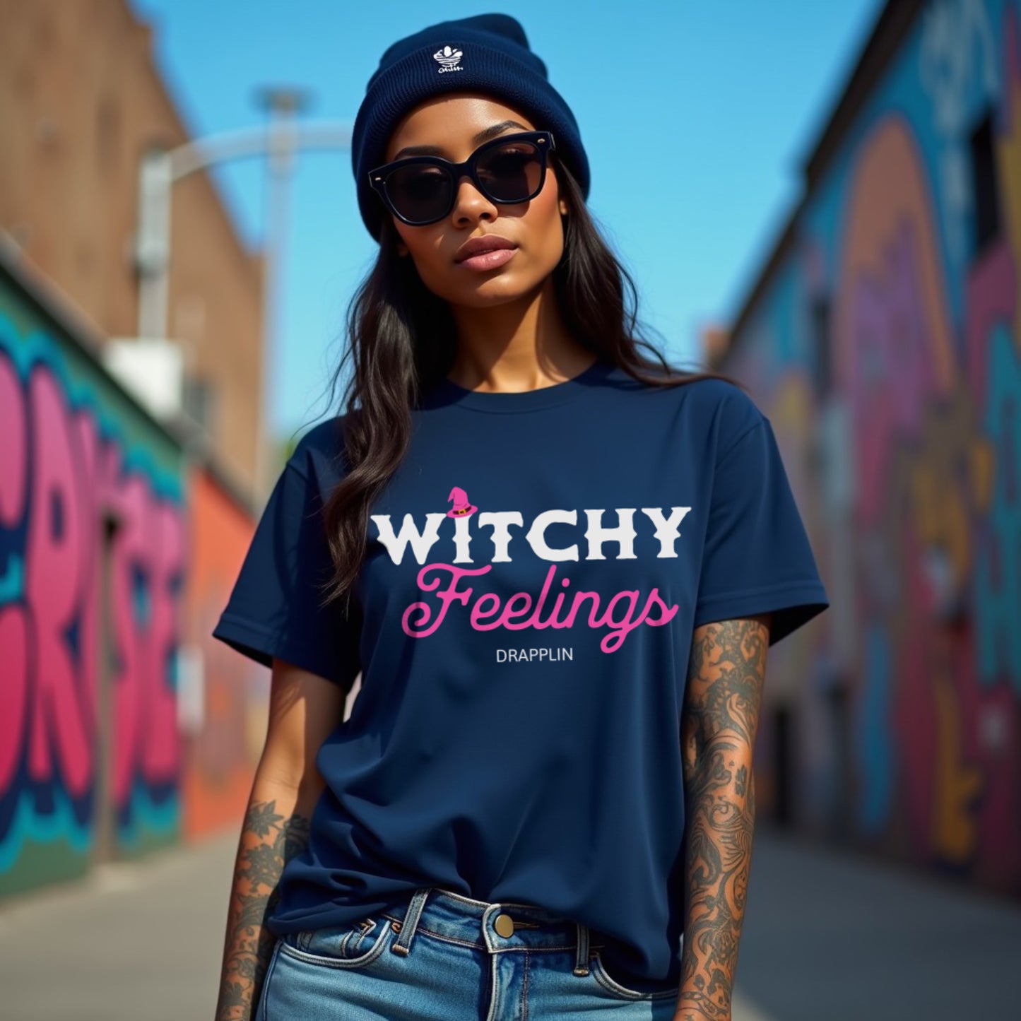 Witchy Feelings Navy Blue Relaxed Fit Printed T-shirt