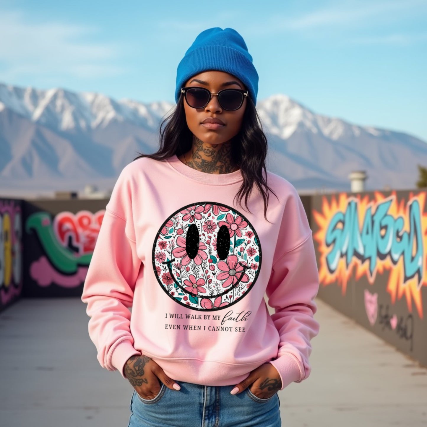 Smiley Baby Pink Woman Regular Typographic Printed Sweatshirt