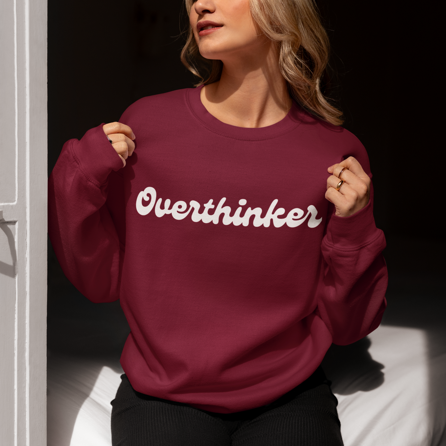 Overthinker Maroon Woman Regular Typographic Printed Sweatshirt