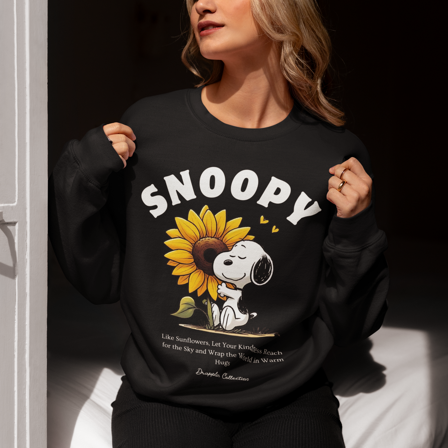 Snoopy Black Woman Regular Typographic Printed Sweatshirt