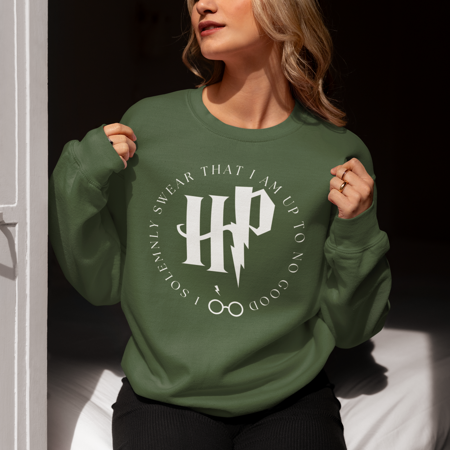 Harry Potter Olive Green Woman Regular Typographic Printed Sweatshirt