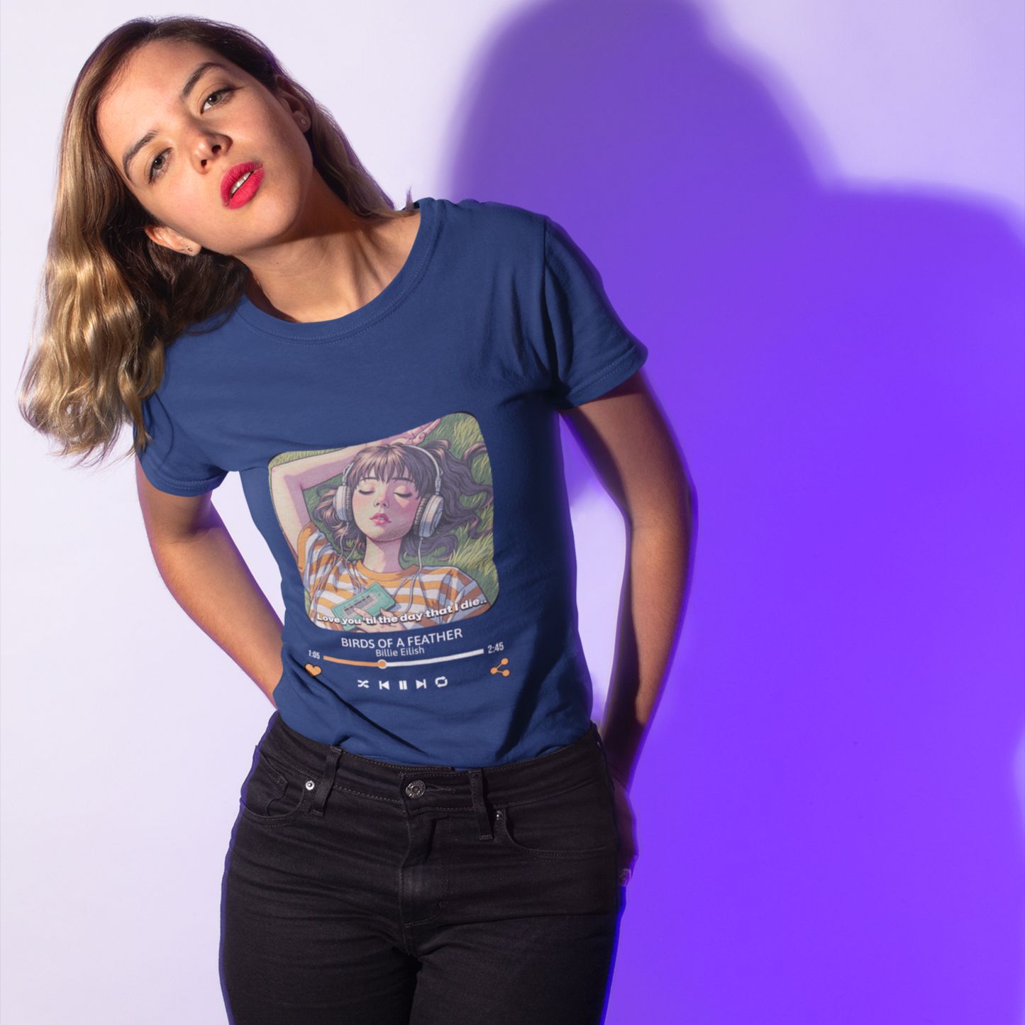 Birds Of Feather Navy Blue Woman Regular Fit Printed T-shirt