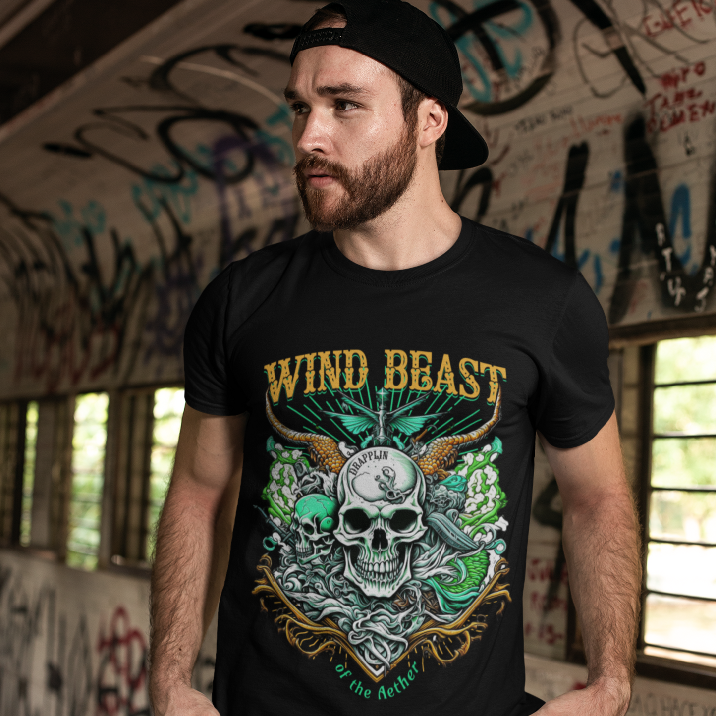 Wind Beast Black Crew Neck Graphic Printed T-shirt