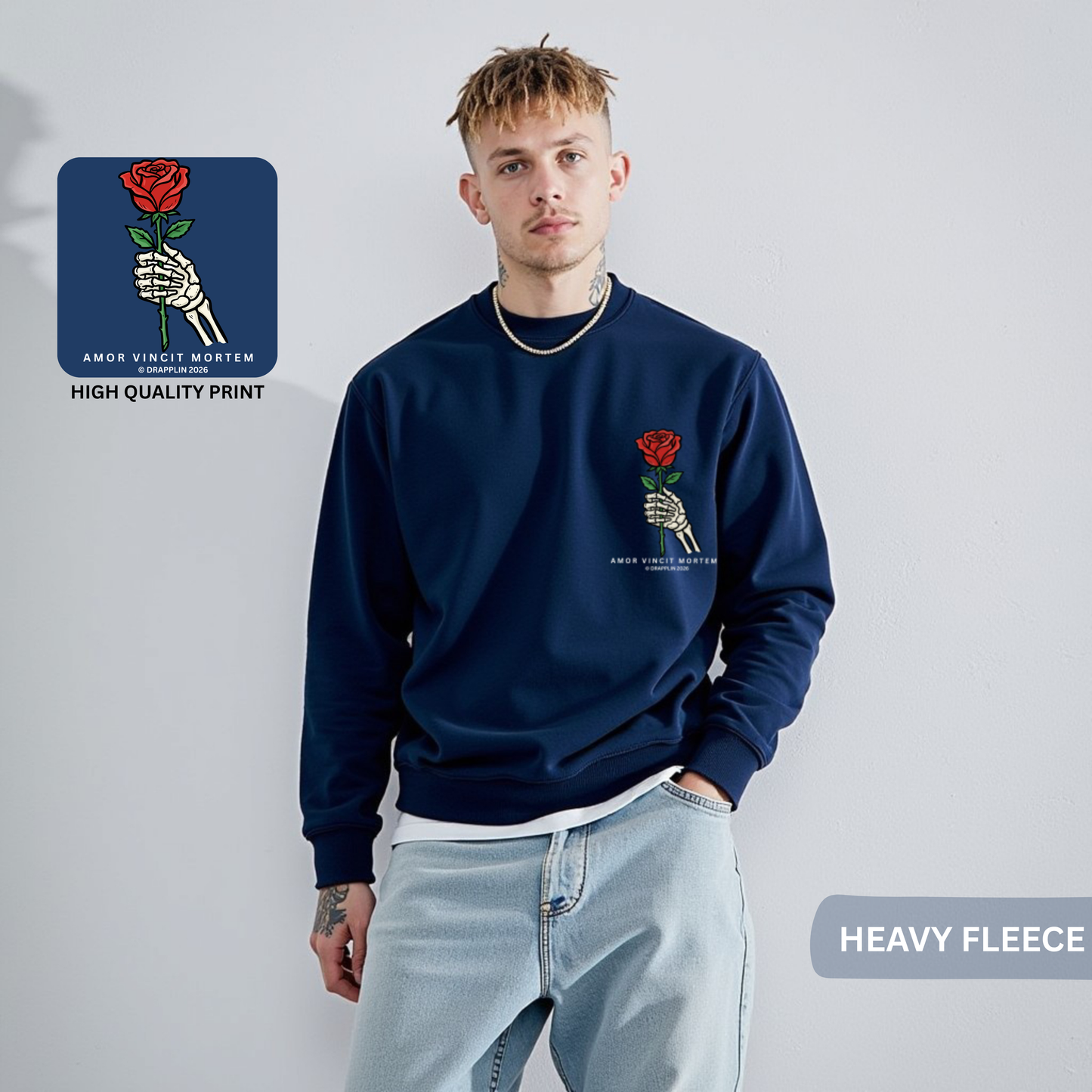 Amor Navy Blue Unisex Premium Regular Printed Sweatshirt