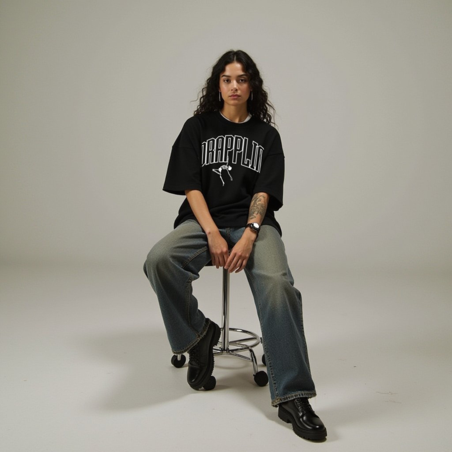 Drapplin Dance Black Oversized Printed T-shirt