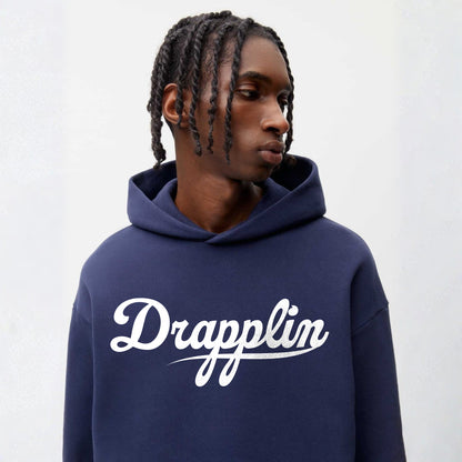 Drapplin Unisex Oversized Navy Blue Typography Printed Hoodie